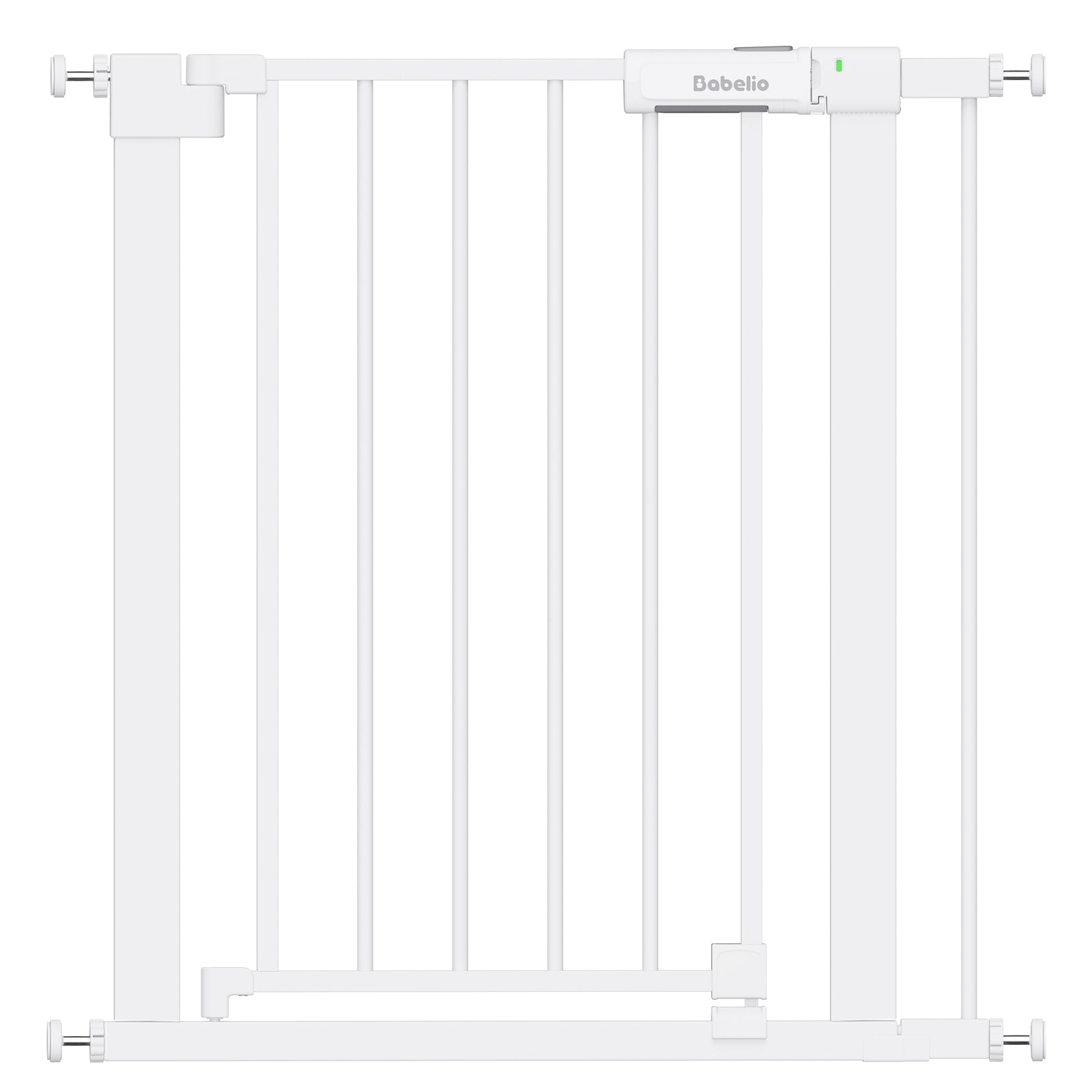 Babelio white baby safety gate for doorways or stairs, pressure mounted design