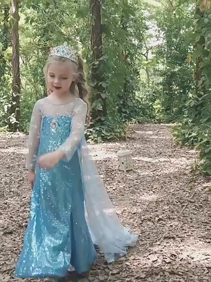 Girls Blue Ice Queen Dress — Sequin Princess Gown with Cape