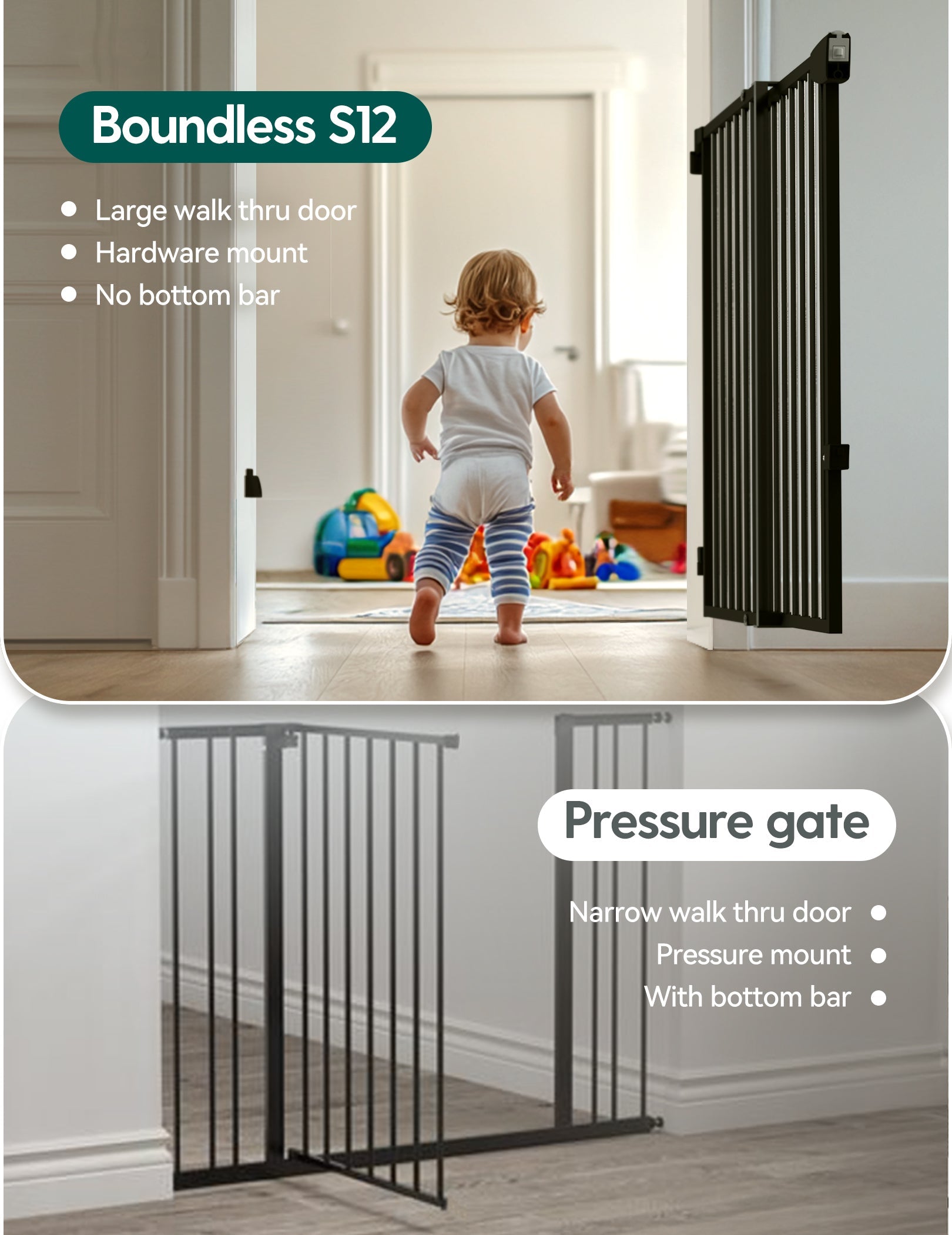 Babelio baby safety gate installed in a hallway with toddler, sturdy metal design for safe indoor spaces.