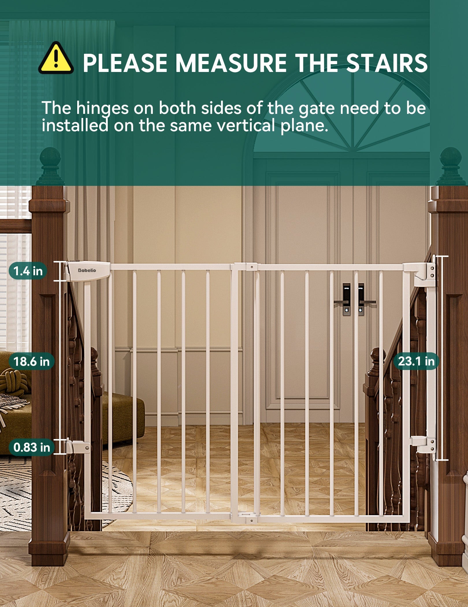 Babelio baby safety gate installed at the bottom of wooden stairs in a hallway.