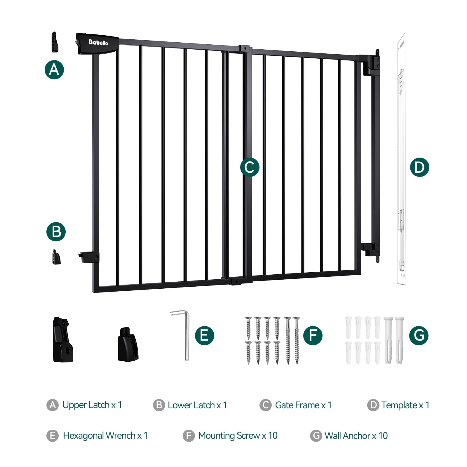 Babelio black baby safety gate kit with gate frame, latches, screws, and wall anchors
