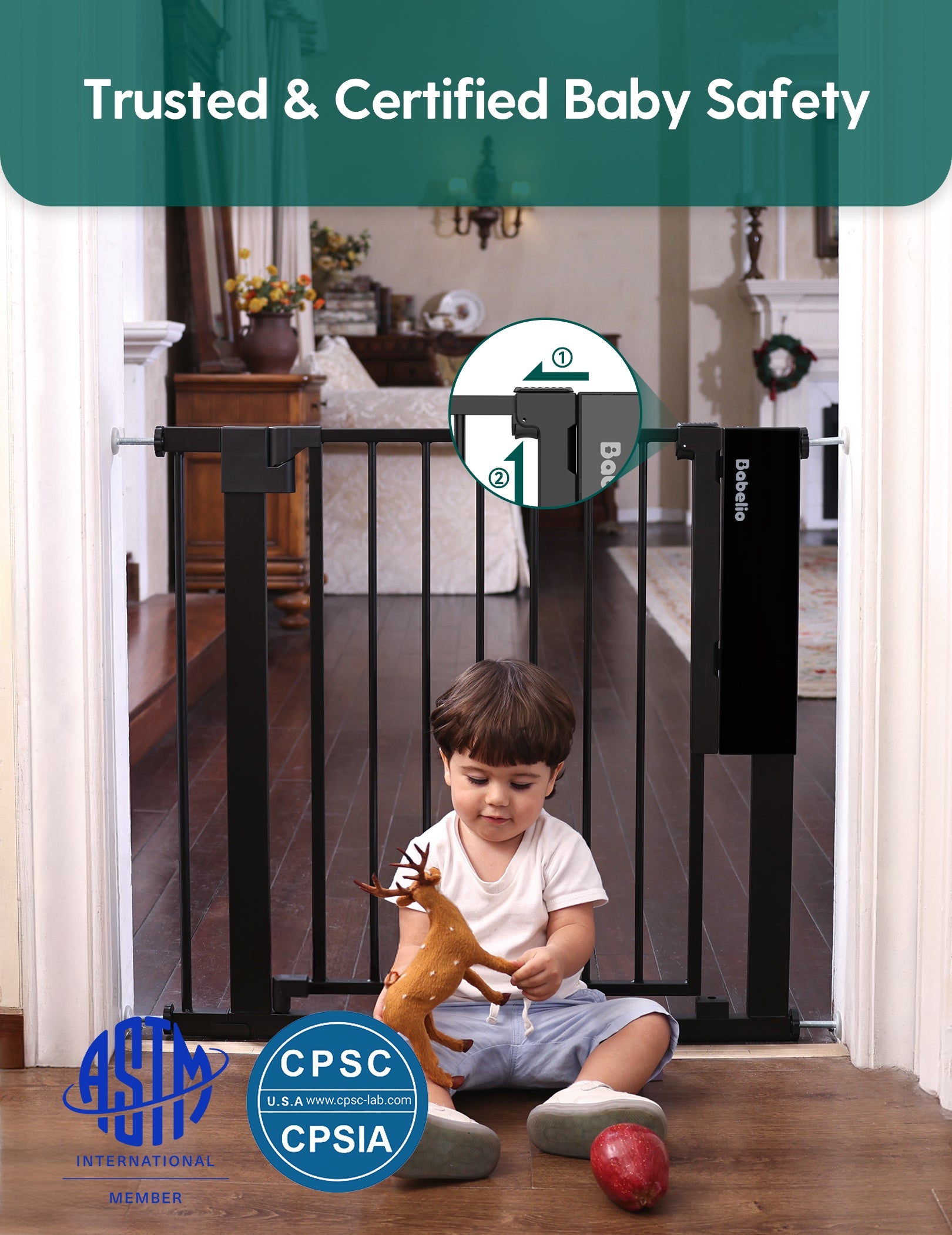 Sensepass | Smart Baby Gate for Doorways & Stairs - Infrared Auto - Unlock & Auto - Close - babeliobaby - White - 26 - 37.5" Wide 30" Tall