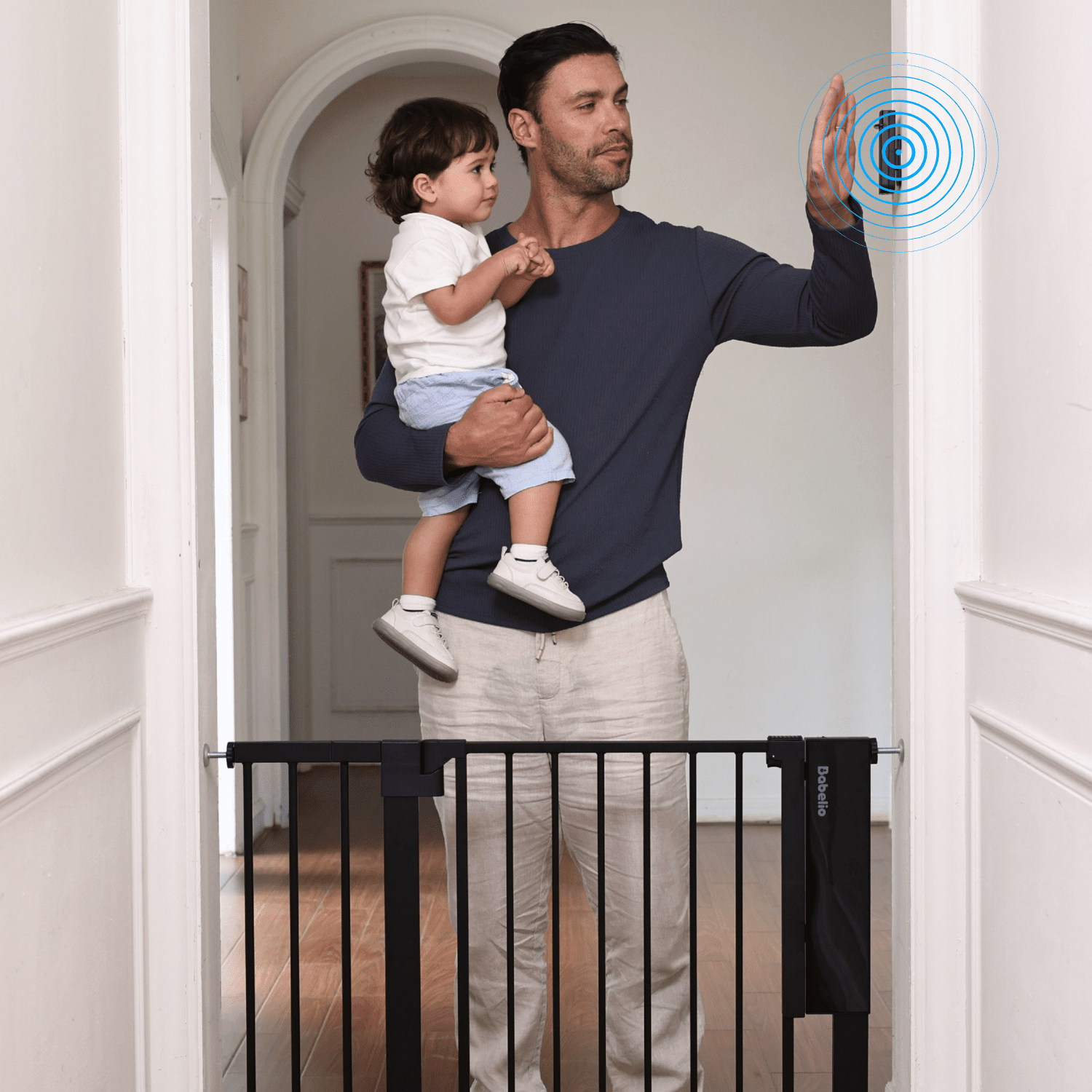 Sensepass | Smart Baby Gate for Doorways & Stairs - Infrared Auto - Unlock & Auto - Close - babeliobaby - White - 26 - 37.5" Wide 30" Tall