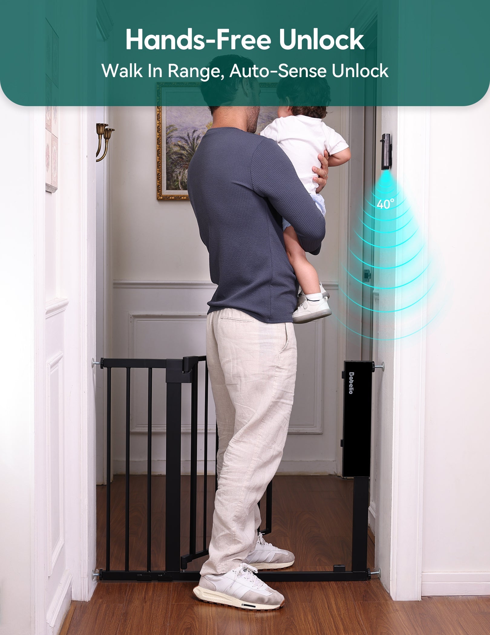 Sensepass | Smart Baby Gate for Doorways & Stairs - Infrared Auto - Unlock & Auto - Close - babeliobaby - White - 26 - 37.5" Wide 30" Tall