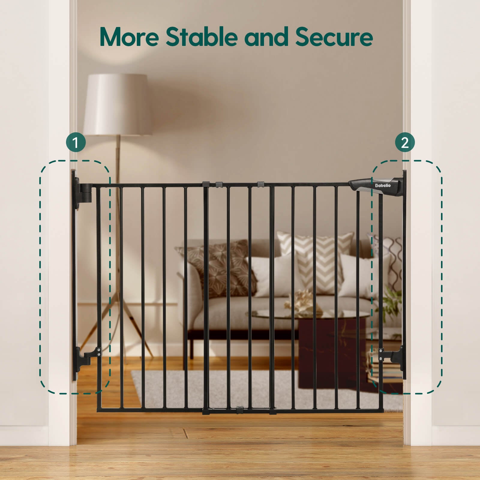 Baby gate designed for stairs and doorways, featuring a reinforced structure for greater stability and secure installation on both sides, ensuring reliable protection for babies and pets, from the Boundless D8 series by Babelio.