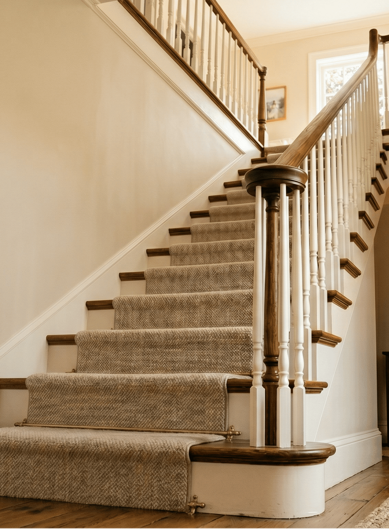 Staircase in a home with wooden steps and white railings, leading to an upper floor.