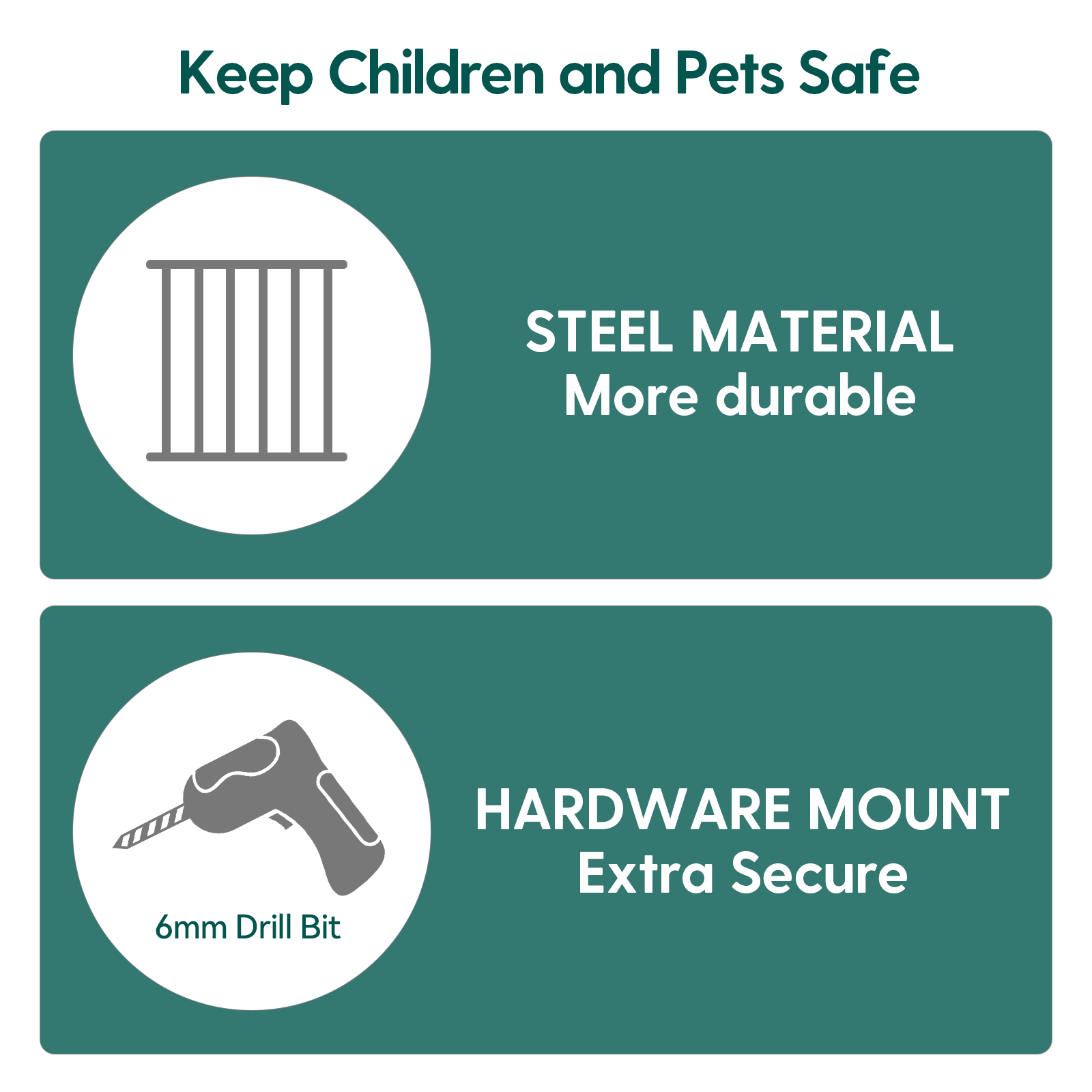 Feature graphic showing steel material and hardware mount design of a durable baby gate for children and pets, emphasizing sturdy drill-mounted construction and long-lasting safety, Babelio Boundless B17