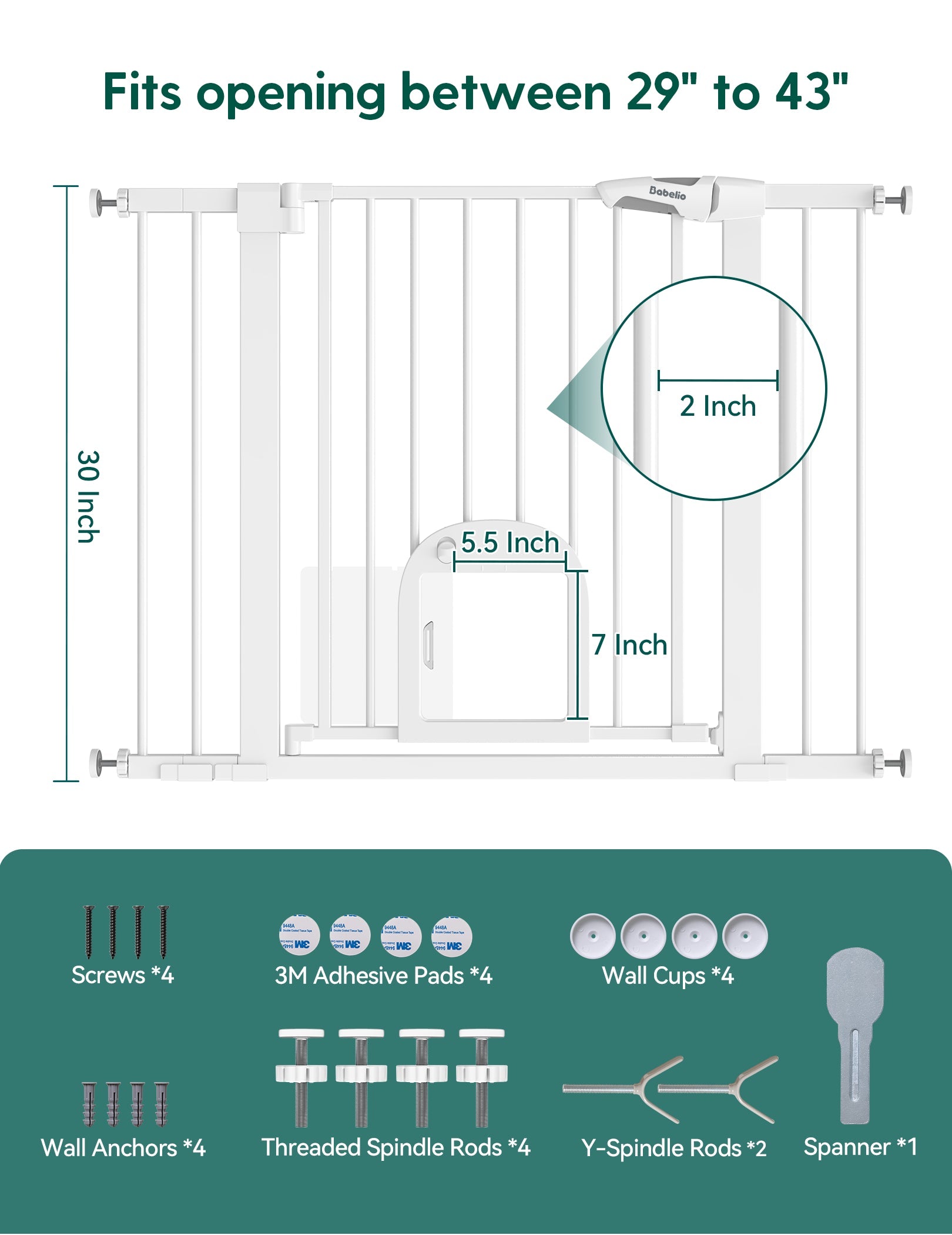 Babelio baby safety gate for stairs or doorways, white, with installation kit and size details shown.