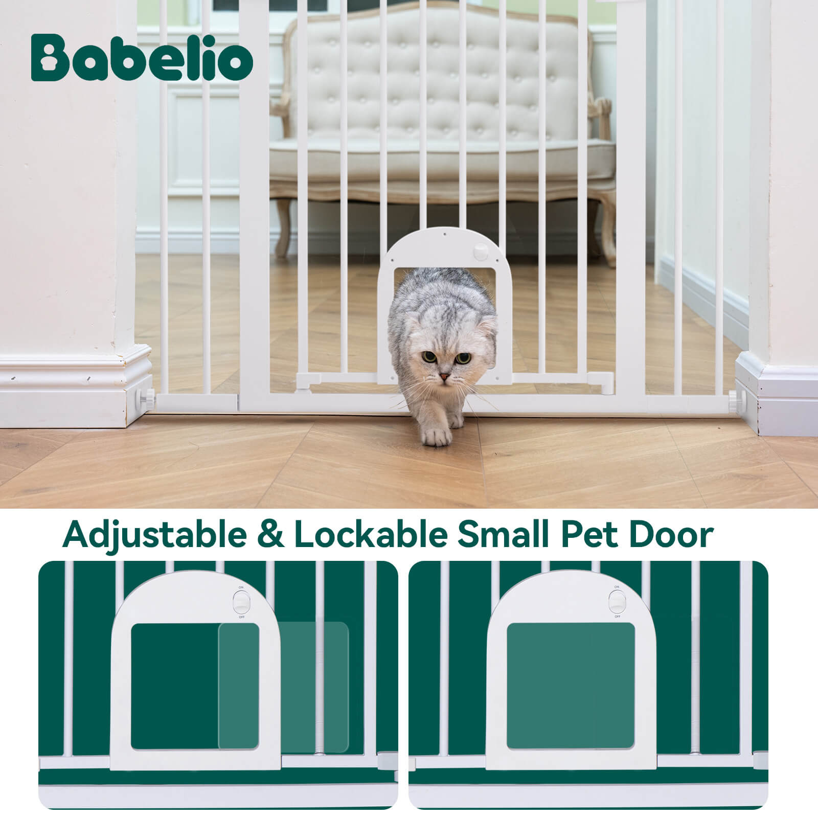 Babelio white baby safety gate with adjustable pet door in a living room setting
