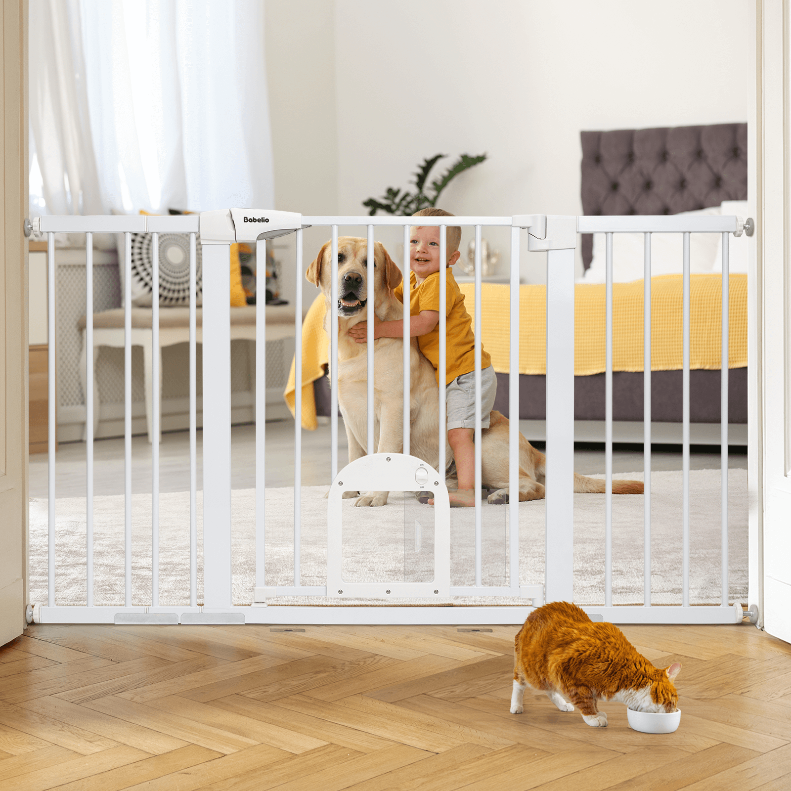 Babelio baby safety gate in bedroom doorway with child, dog, and cat nearby