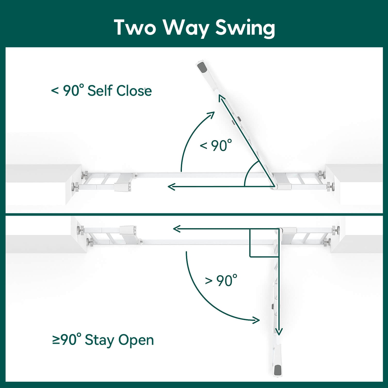 Babelio baby safety gate with two-way swing feature, shown in a bright indoor setting.