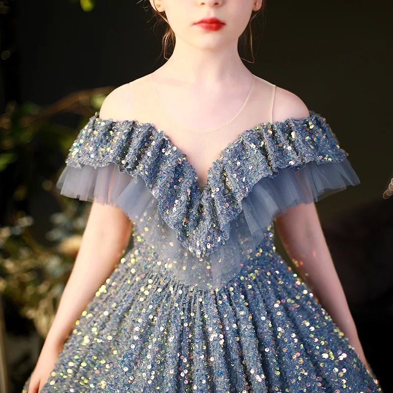 Babelio elegant blue sequin dress for little girls, off-shoulder, banquet or pageant wear