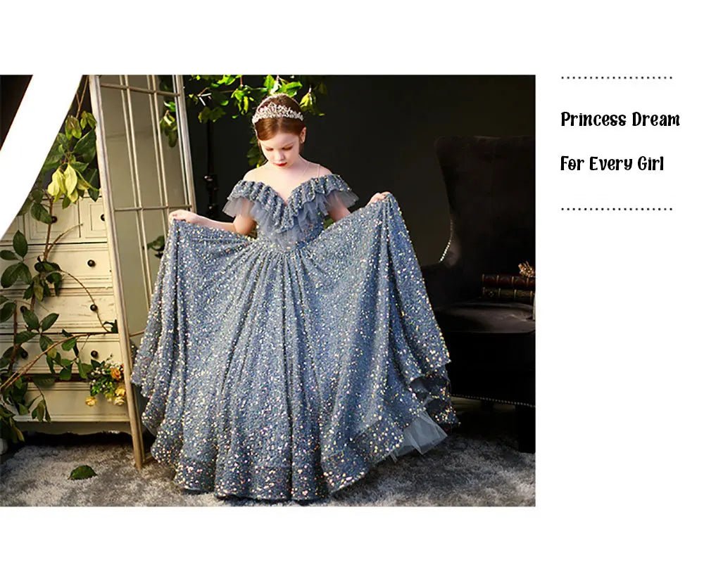 Babelio elegant sequin dress for girls, model in sparkly ball gown in bedroom setting