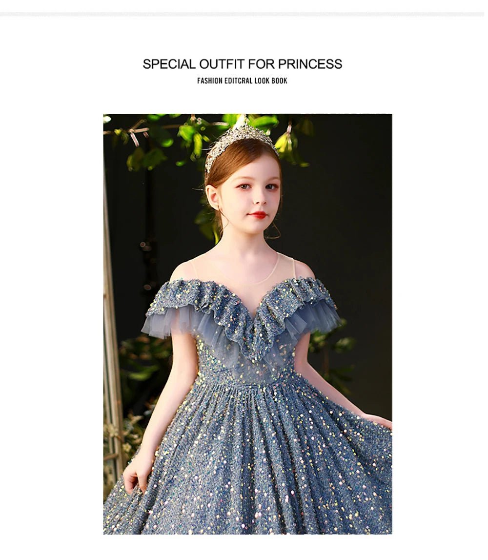Babelio girl in blue sequin ball gown and tiara, elegant dress for special occasions