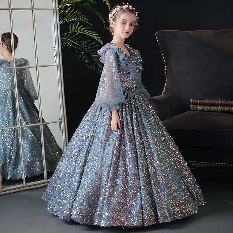 Tiny Cuddling Elegant Sequin Dress | Little Girls Puffy Long Prom Ball Gown Model Show Banquet Pageant Shiny Dress