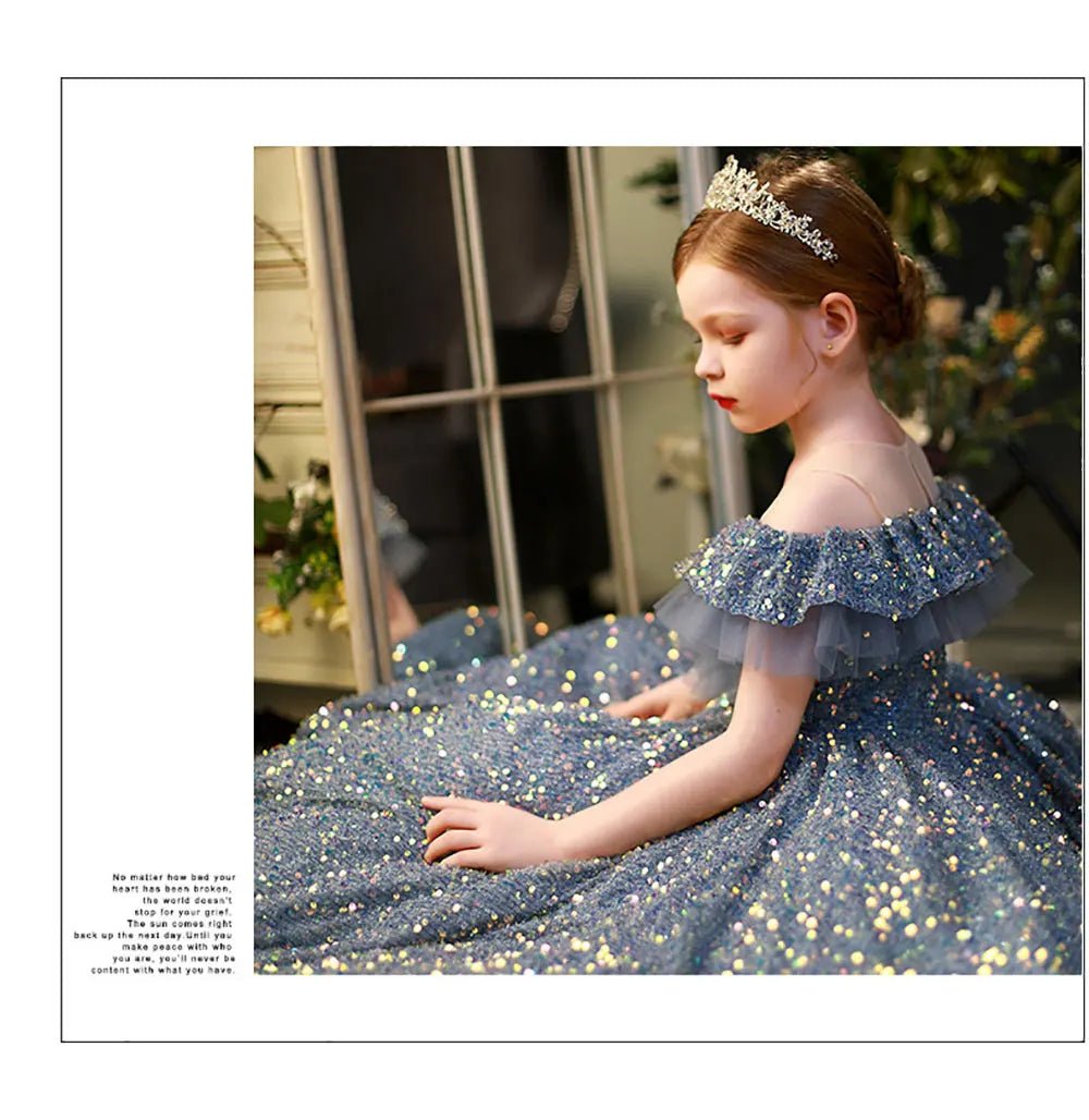 Babelio elegant sequin dress for little girls, blue ball gown with ruffles, indoor setting