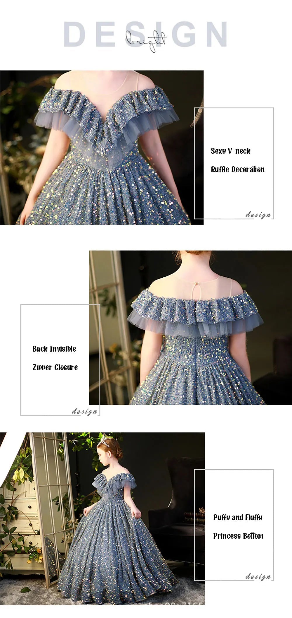 Babelio elegant sequin blue girls' dress with ruffled V-neck, puffy skirt, in bedroom setting