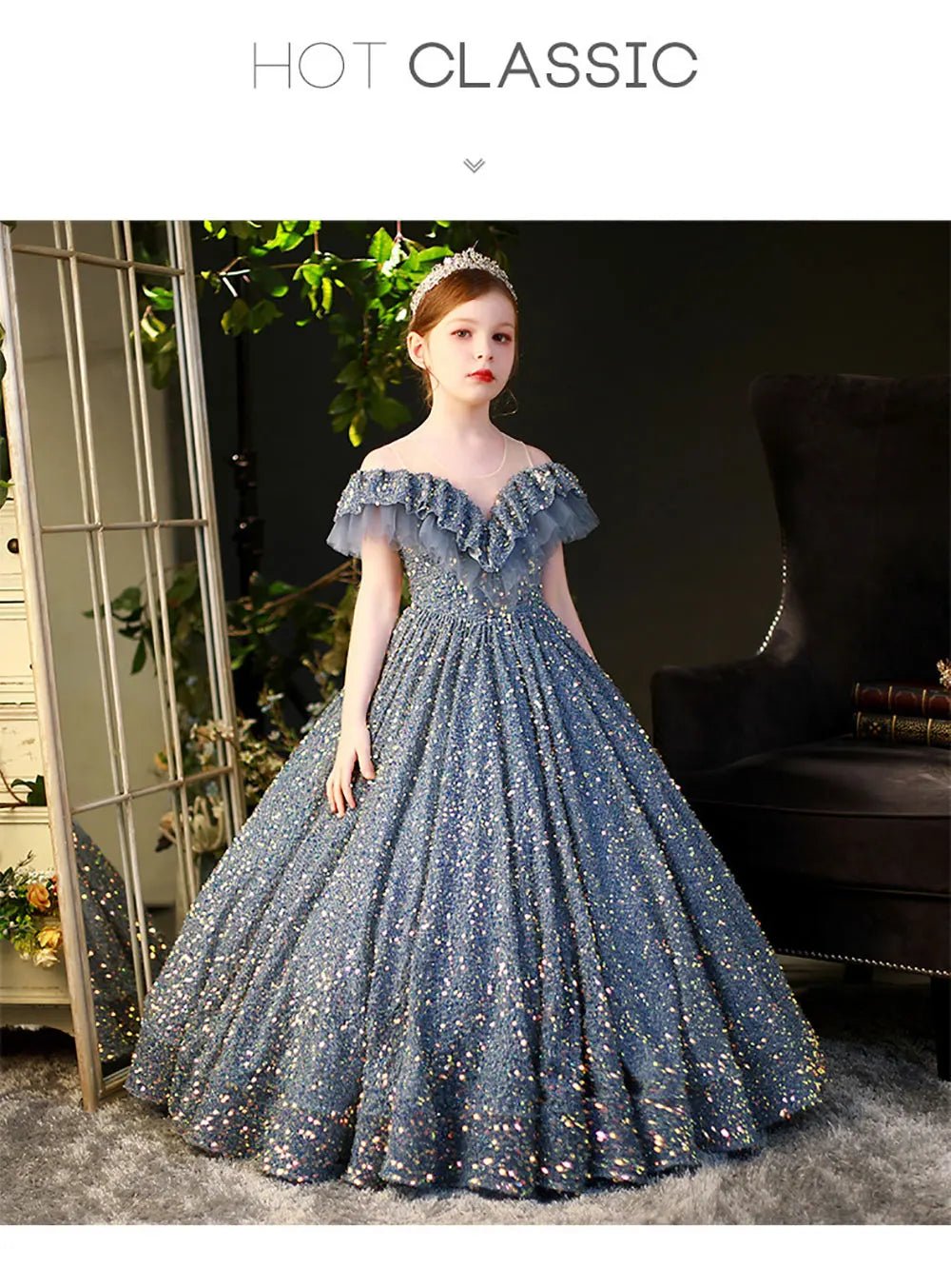 Babelio elegant sequin ball gown for little girls in formal living room setting