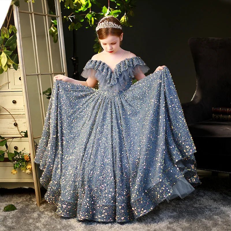 Tiny Cuddling Elegant Sequin Dress | Little Girls Puffy Long Prom Ball Gown Model Show Banquet Pageant Shiny Dress