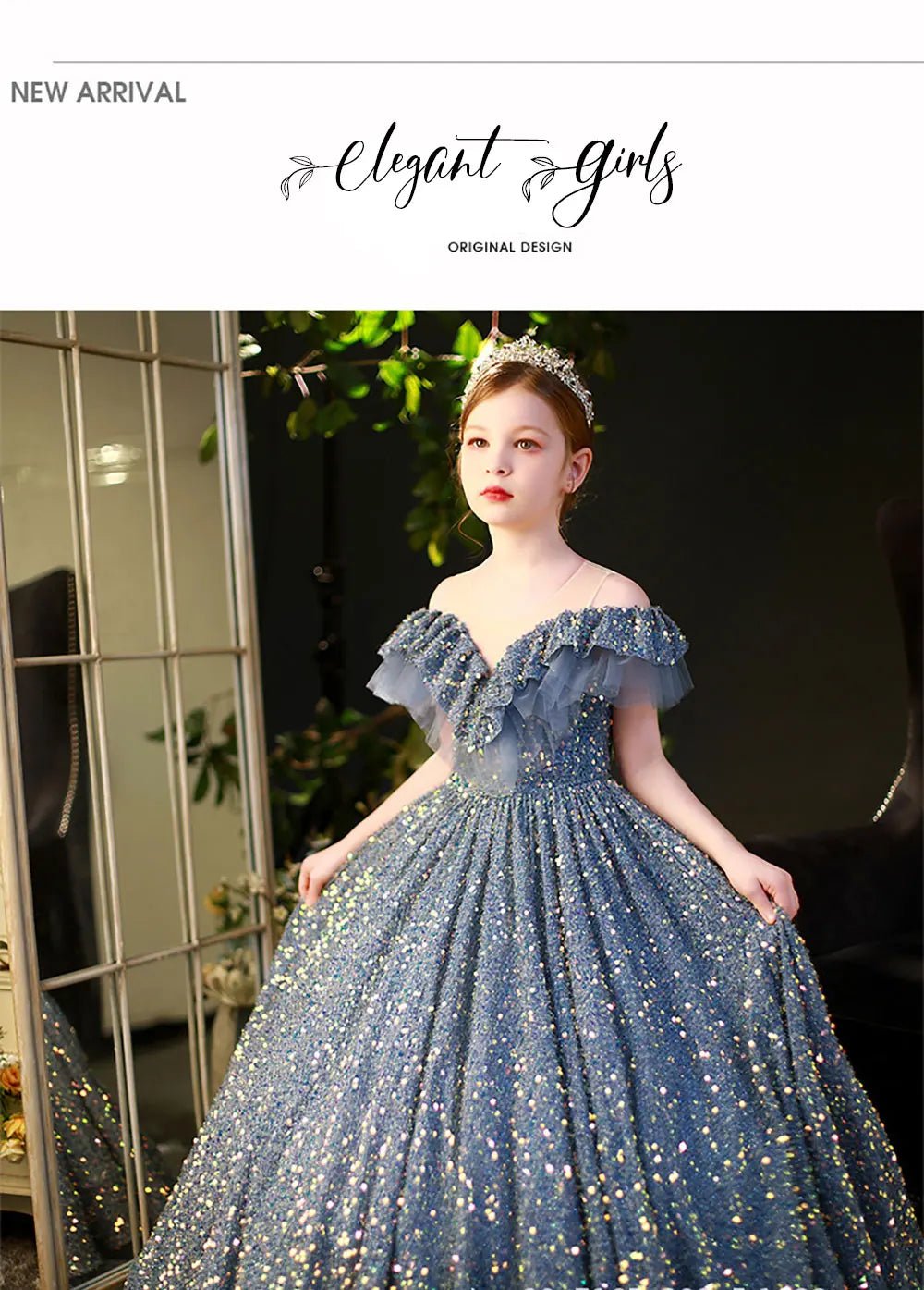 Young girl in a sparkling blue sequin ball gown with tiara by Babelio, elegant indoor setting
