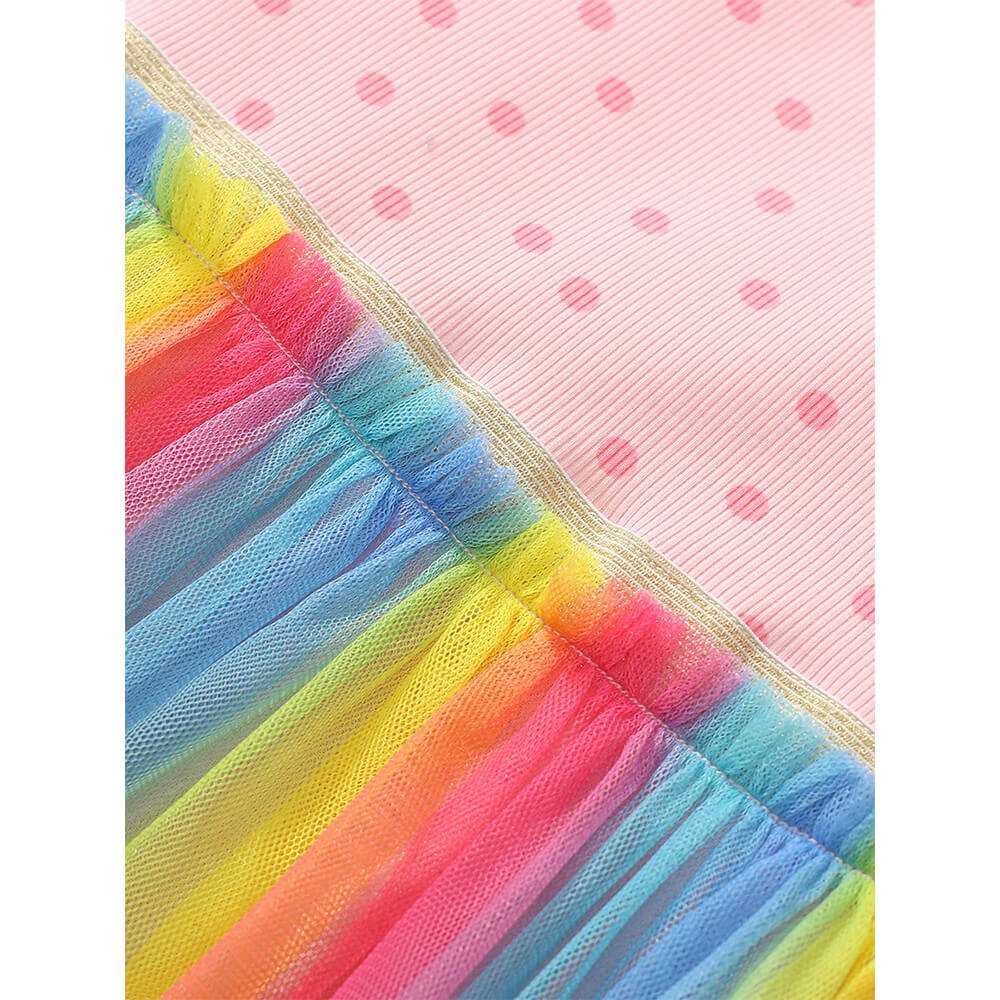 Babelio rainbow tulle dress fabric detail with pink polka dot top and multicolored skirt