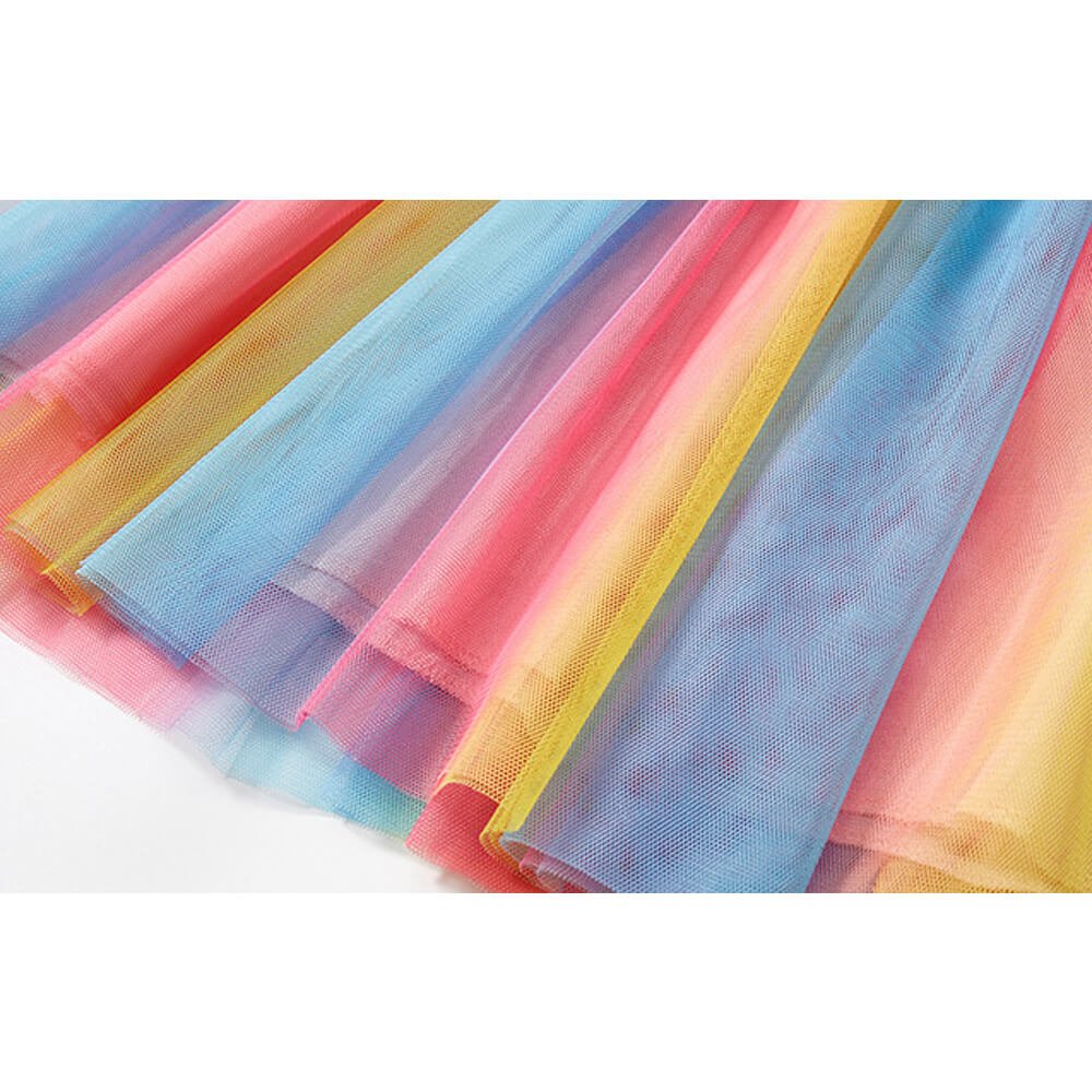 Babelio rainbow tulle princess dress fabric with pastel blue, pink, and yellow layers