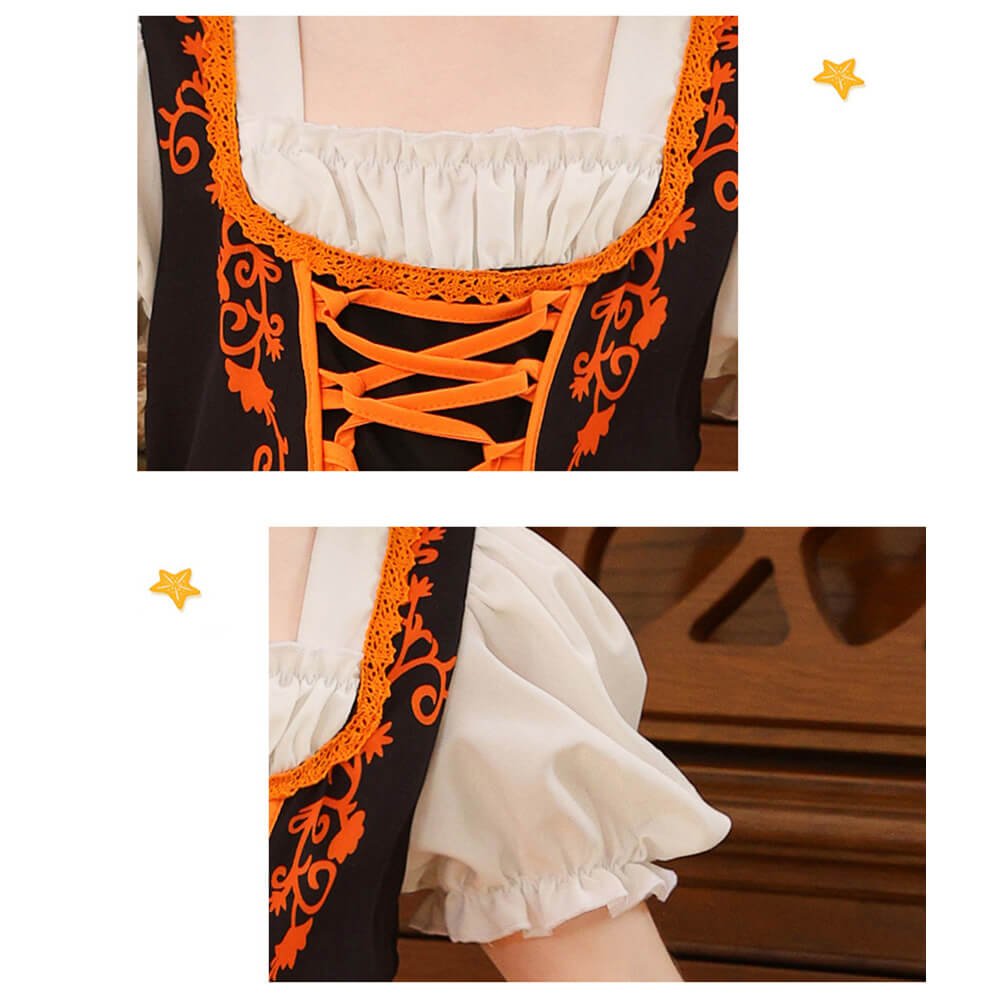 Babelio Halloween-themed girls' dress with puff sleeves and orange lace-up detail