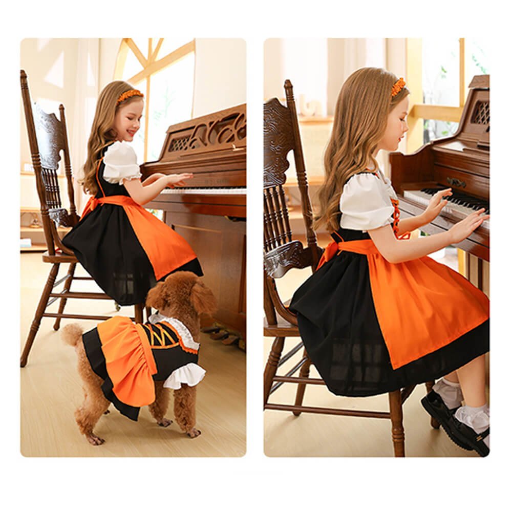 Babelio girl in orange dress at piano with dog in matching outfit in living room