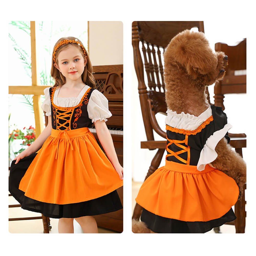 Babelio orange and black Halloween cosplay dress for kids and dog, styled in a living room