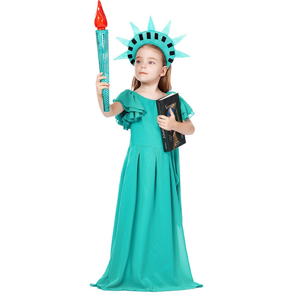 Babelio young girl in Statue of Liberty costume, holding book and torch, plain background