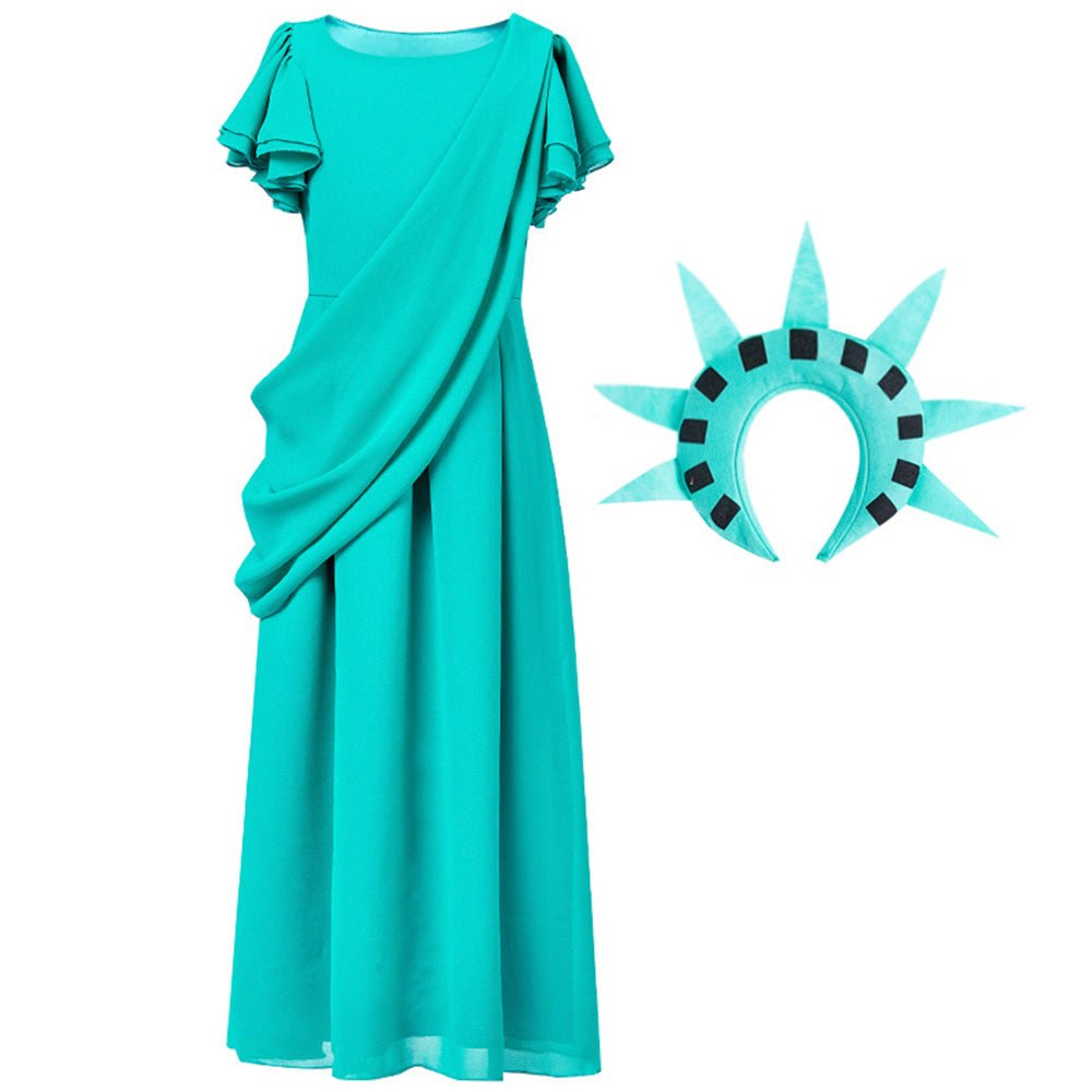 Babelio kids Statue of Liberty costume set with teal dress and crown, ideal for dress up