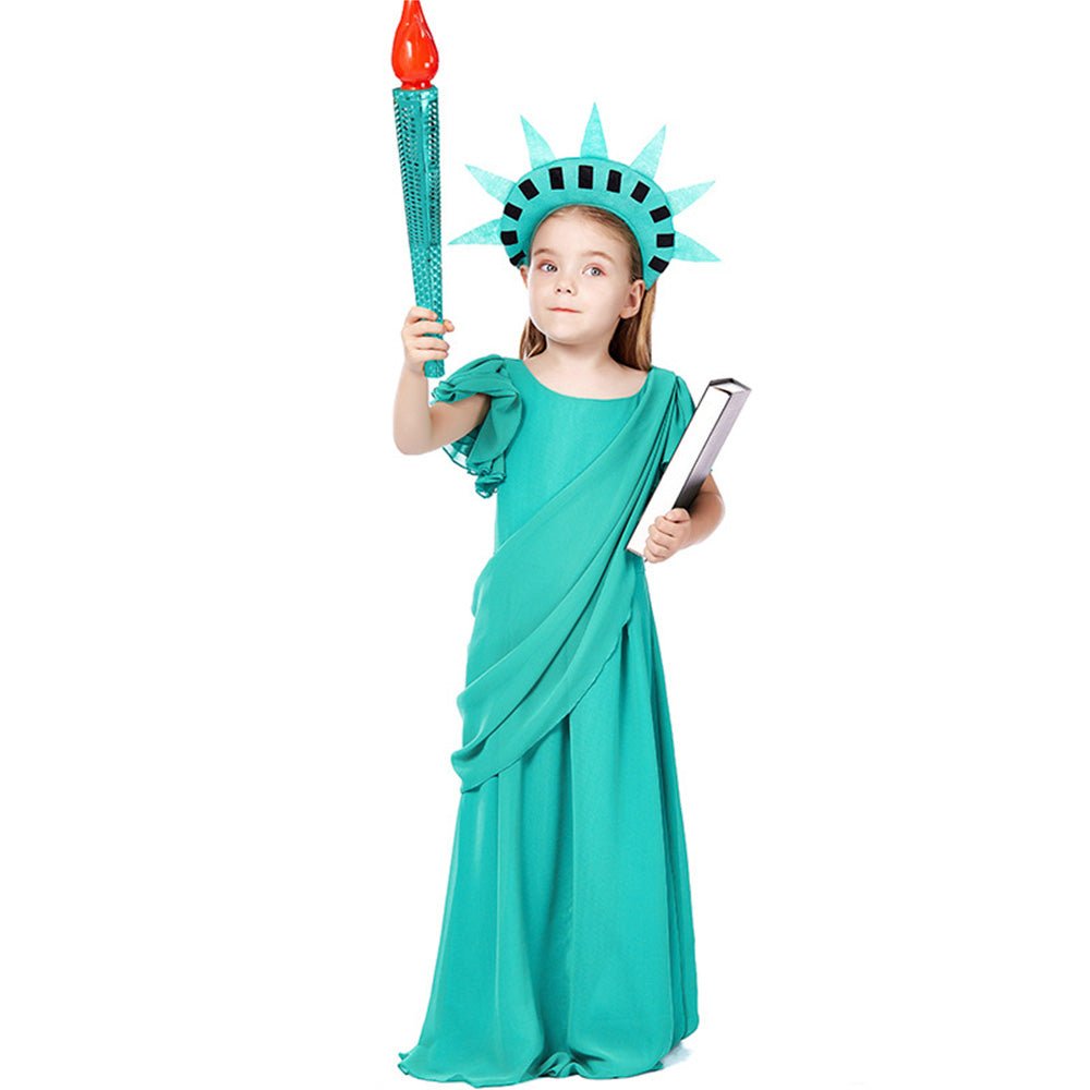 Young girl in Statue of Liberty costume, Babelio, white background, no baby product shown