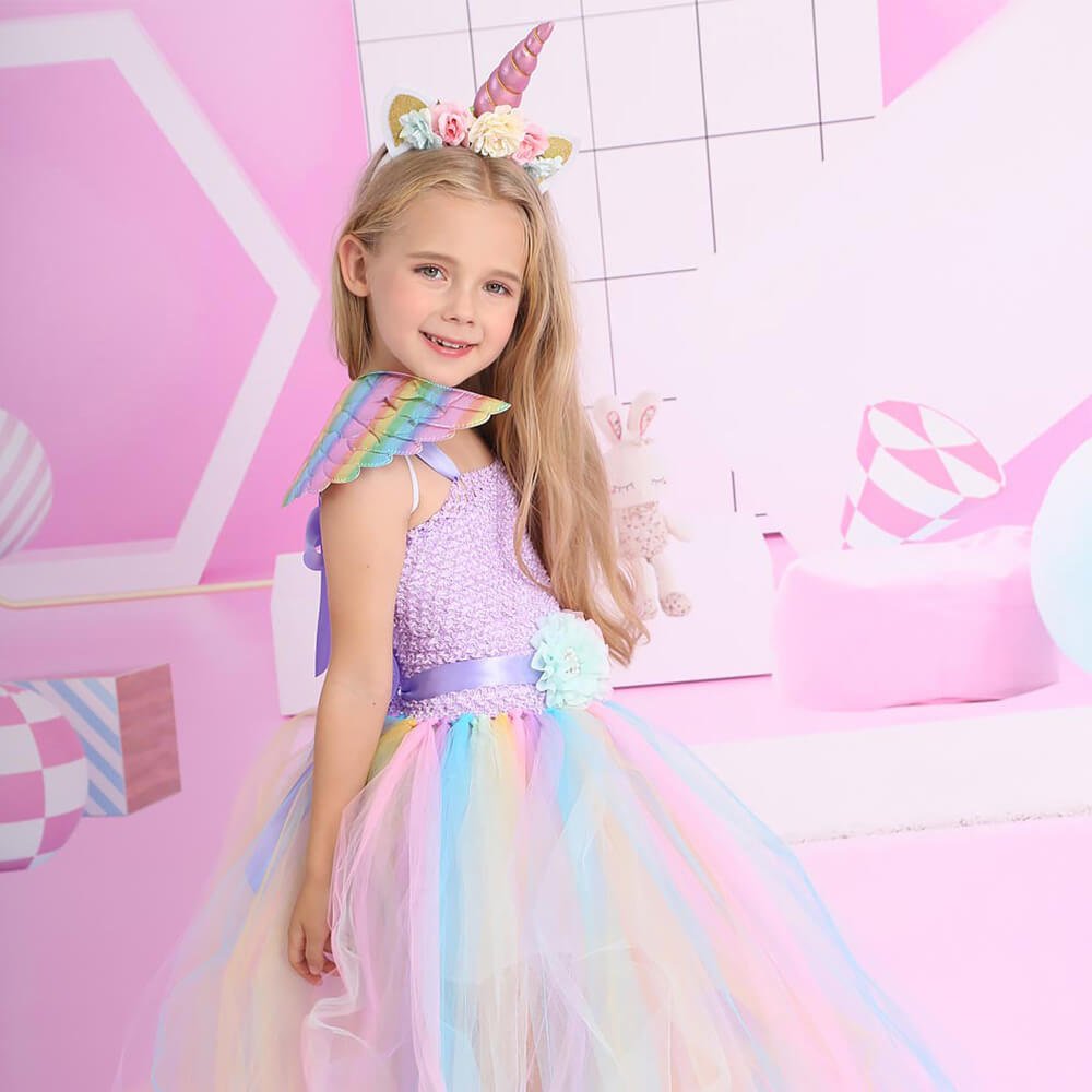 Babelio pastel unicorn princess dress for kids, rainbow tulle skirt, playful room setting