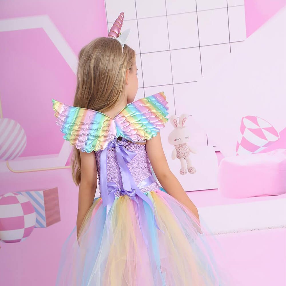 Babelio colorful unicorn princess dress for kids in a pink playroom setting