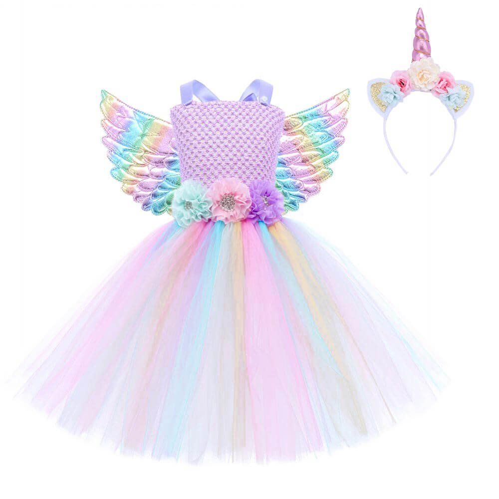 Babelio pastel unicorn princess dress with rainbow wings and headband for kids