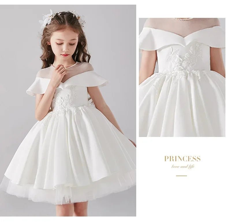 Babelio elegant white flower girl dress with floral lace details, formal occasion attire