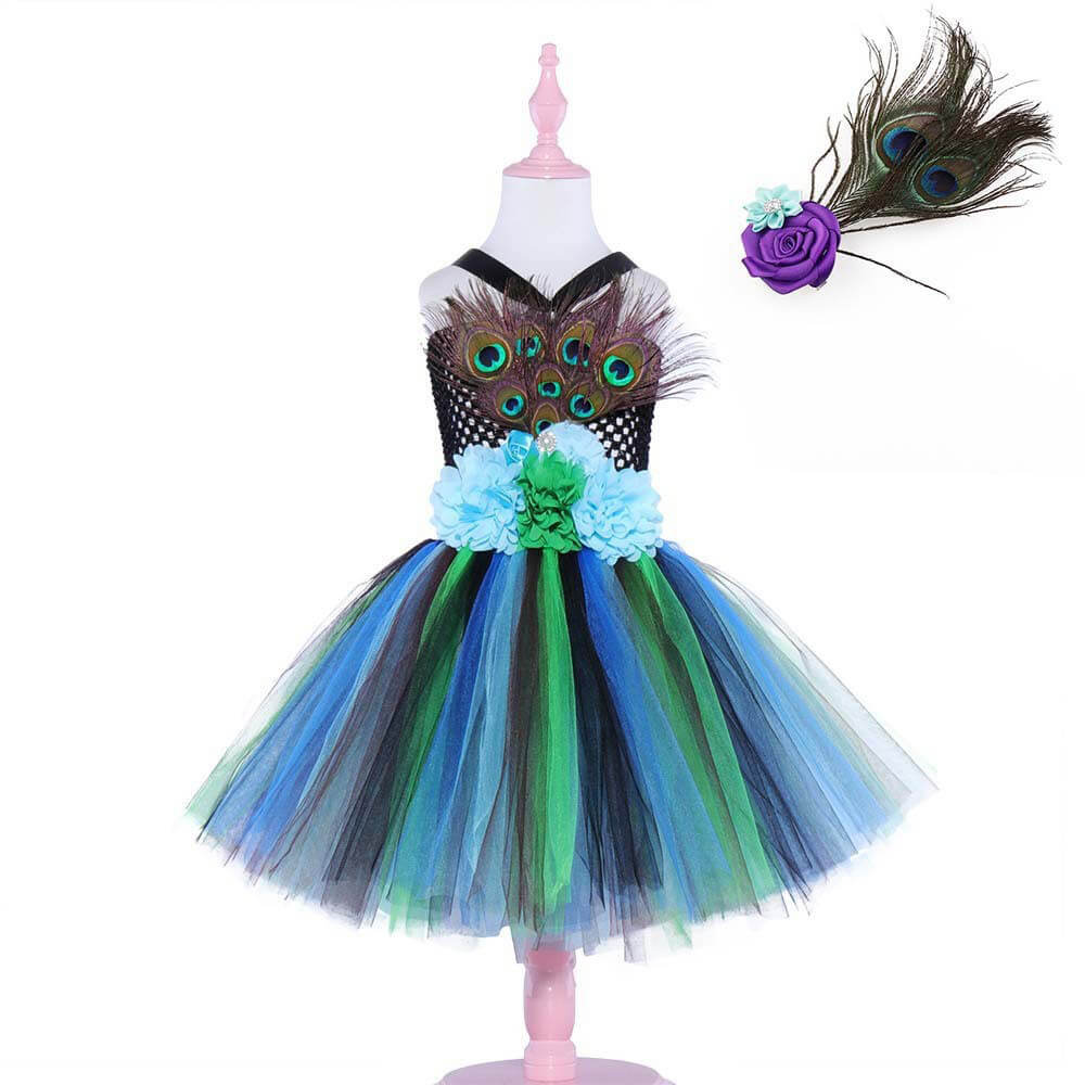 Babelio kids peacock princess tutu dress with feathers, blue and green tulle, floral details