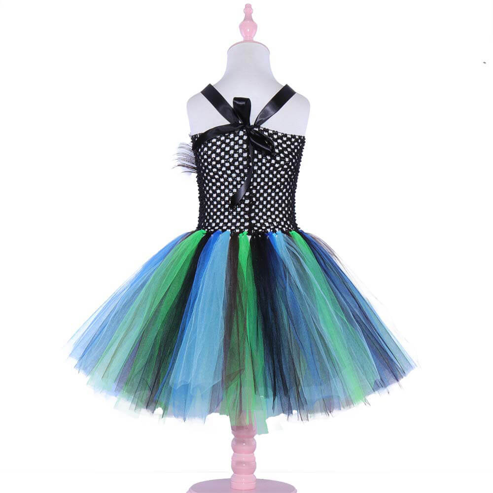 Babelio kids peacock princess tutu dress with blue and green tulle on mannequin