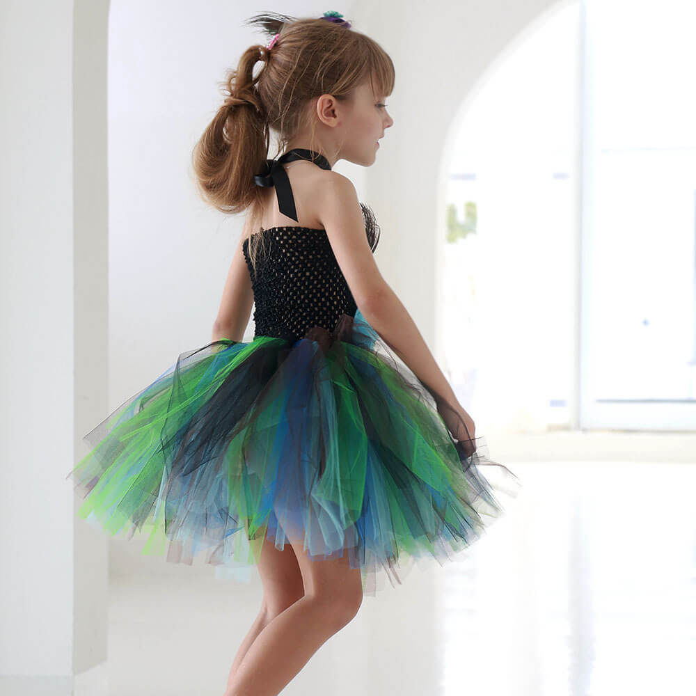 Babelio kids peacock princess tutu dress with tulle skirt in bright, modern indoor setting