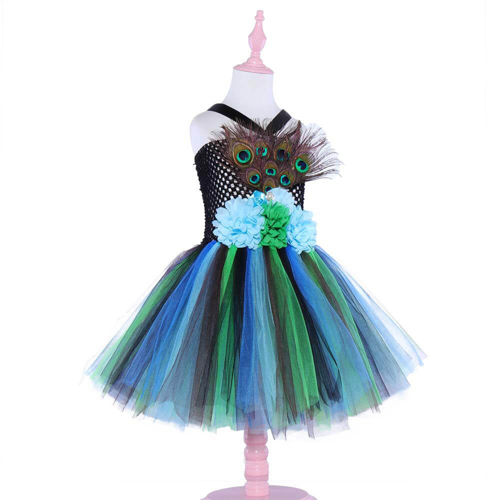 Babelio peacock princess kids tutu dress with tulle skirt and feather detail on mannequin