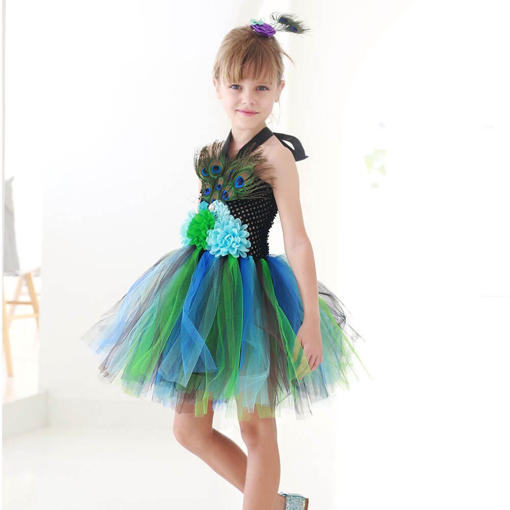Babelio kids peacock tutu dress with tulle and feathers for parties in bright room