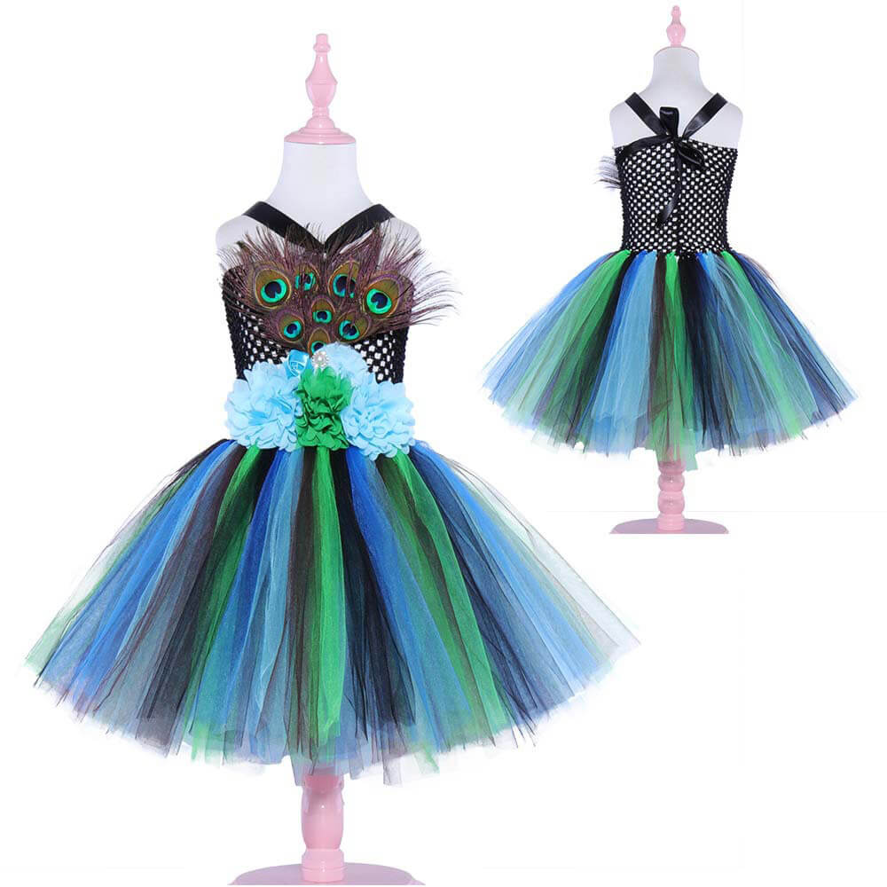 Babelio kids' peacock-inspired tulle tutu dress with feathers and flowers on mannequin