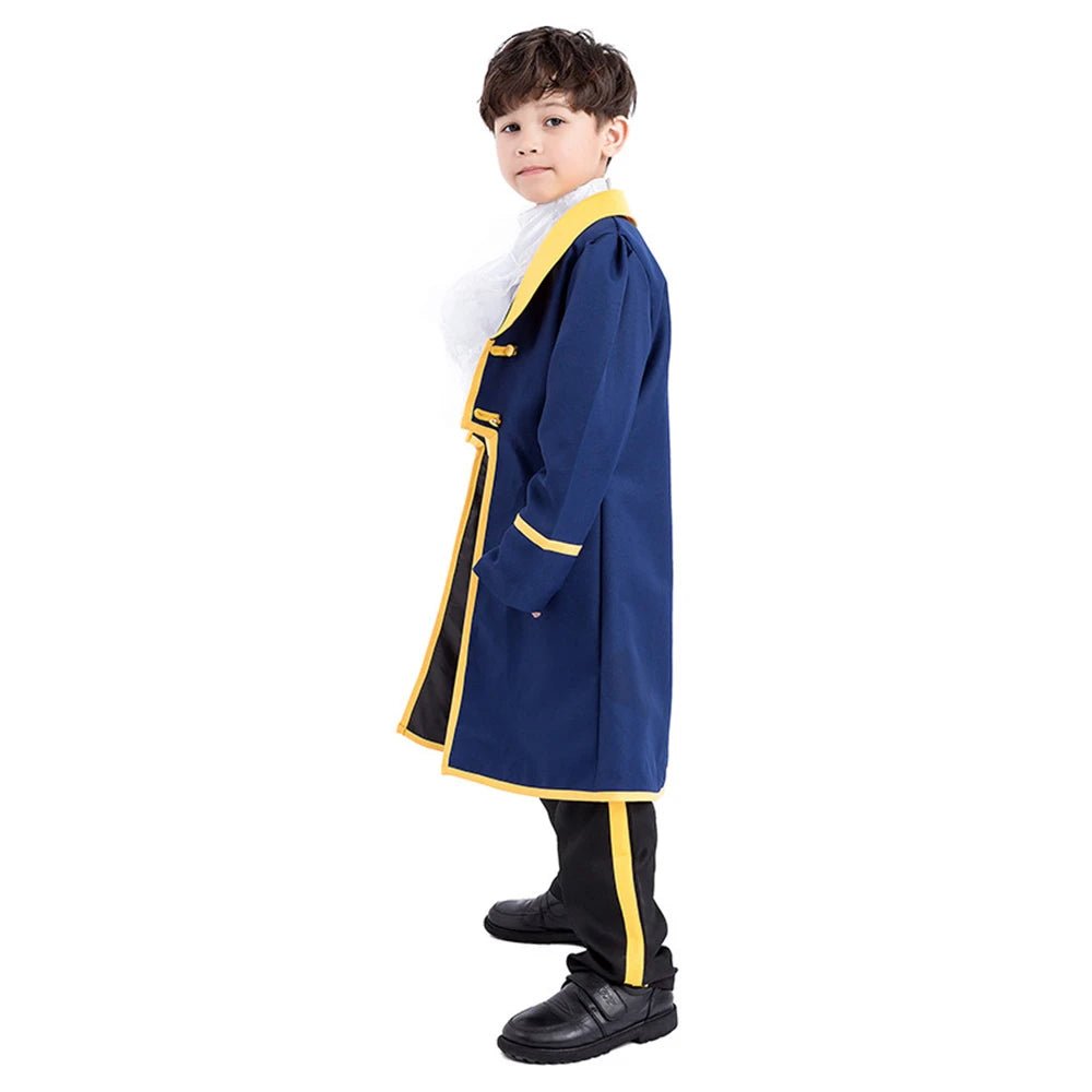 Babelio boy's blue prince costume with yellow trim, white ruffle shirt, studio background