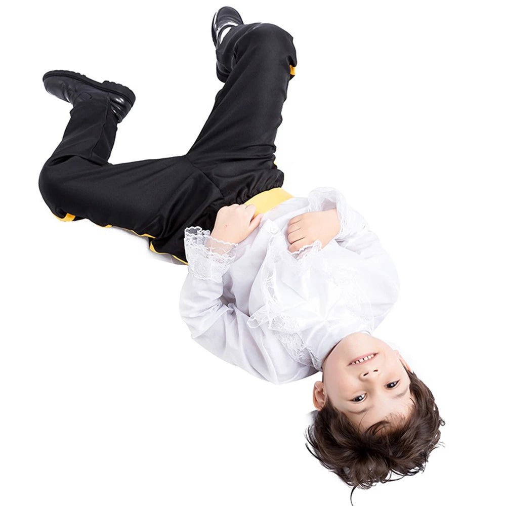 Babelio young boy in prince costume with white shirt, black pants, and yellow sash on white background