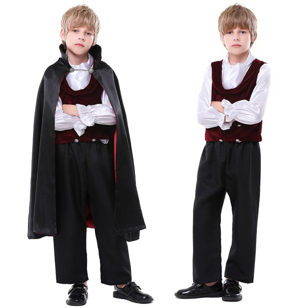 Babelio boys' Halloween vampire costume with black cape and vest, photographed on white background