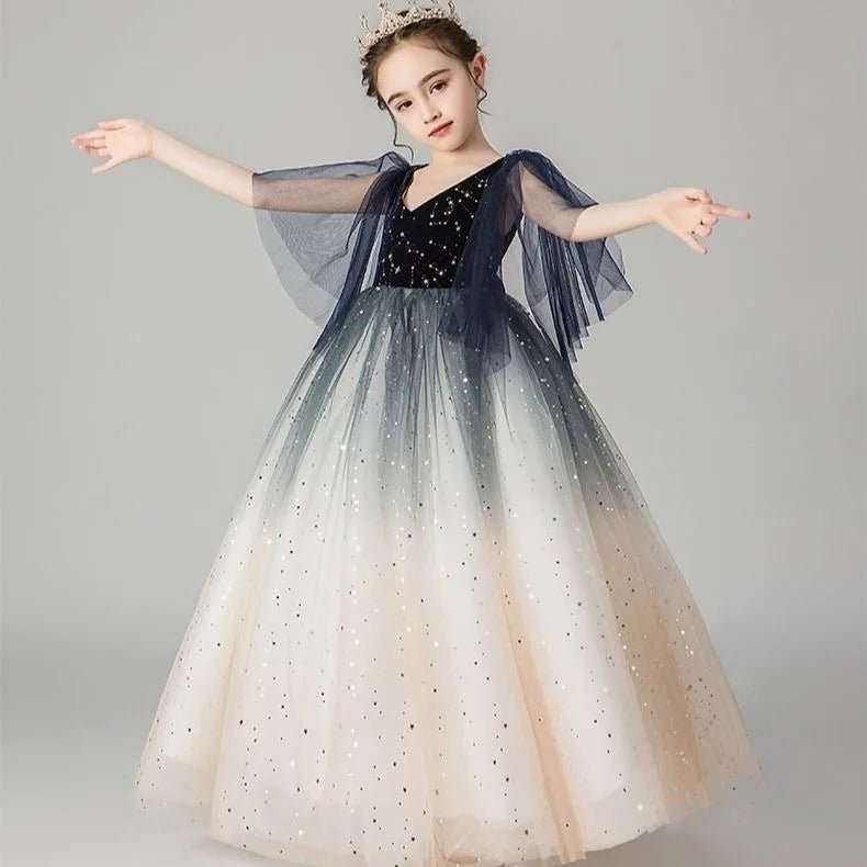 Babelio vintage girls’ princess sequin dress with tulle skirt, studio setting.