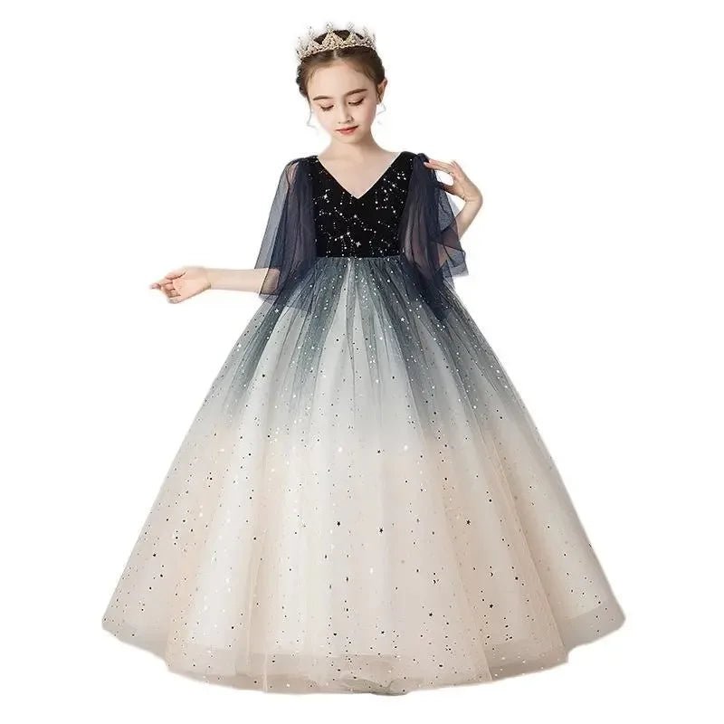 Babelio girl's princess sequin dress with crown, elegant ombre party gown for kids
