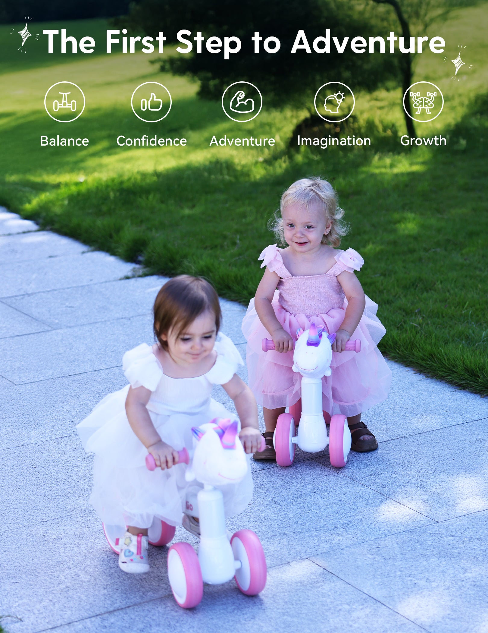 Two little girls riding pink and white unicorn balance bikes outdoors, smiling and enjoying their first adventure in the park — inspiring balance, confidence, and imagination from the Magic Ride series by Babelio.