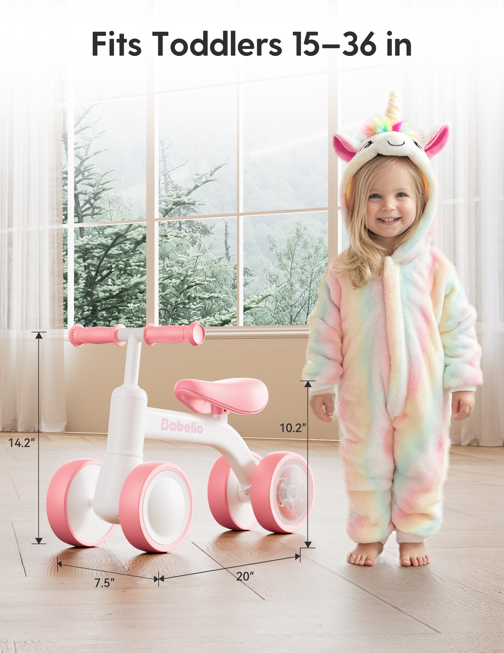 Toddler balance bike designed for 15–36 inch tall girls, featuring a pink and white unicorn design that combines comfort, stability, and adorable style from the Magic Ride series by Babelio.