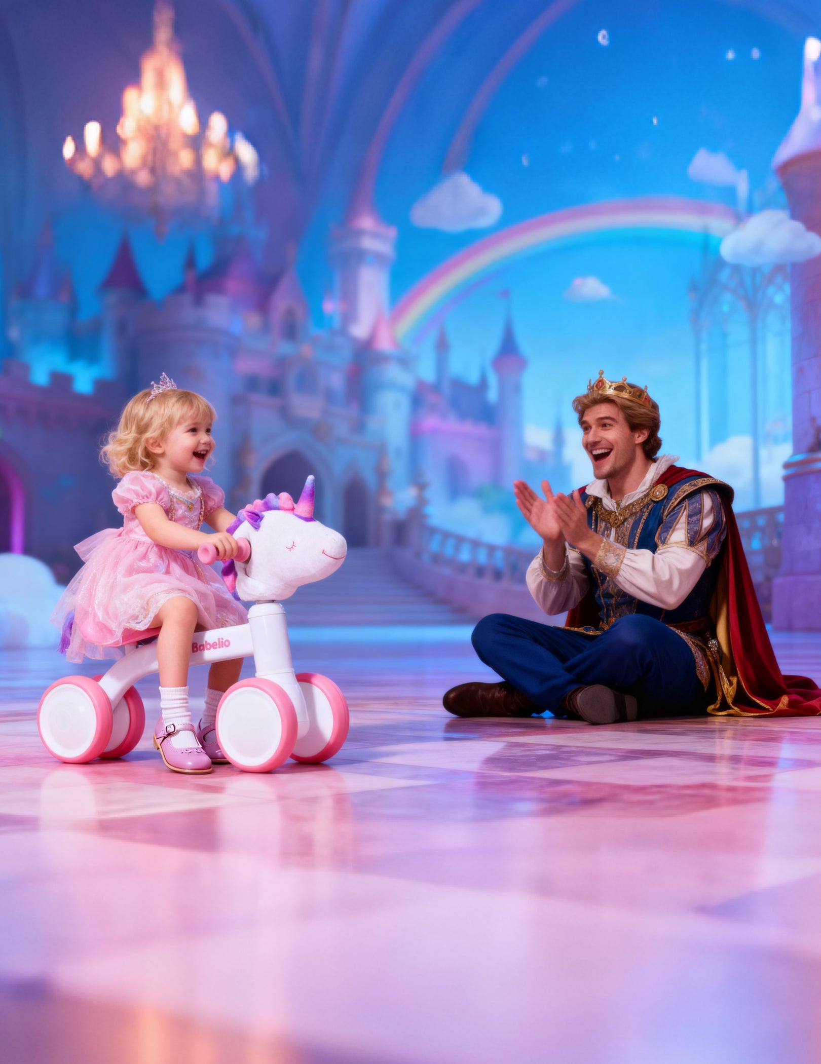 Little girl riding a pink and white unicorn balance bike in a fairy-tale castle scene, sharing a joyful moment with her dad dressed as a prince, showcasing the dreamlike design from the Magic Ride series by Babelio.
